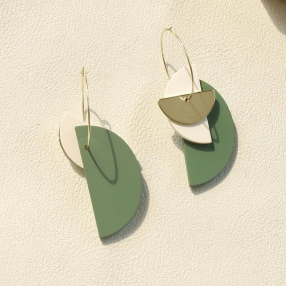 Green White and Gold Clay Half Circle Drop Hoop Earrings - Picture 2 of 3